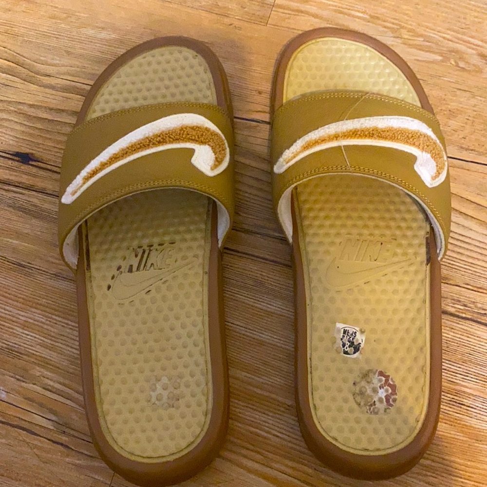Gold textured Nike slides, worn a couple times